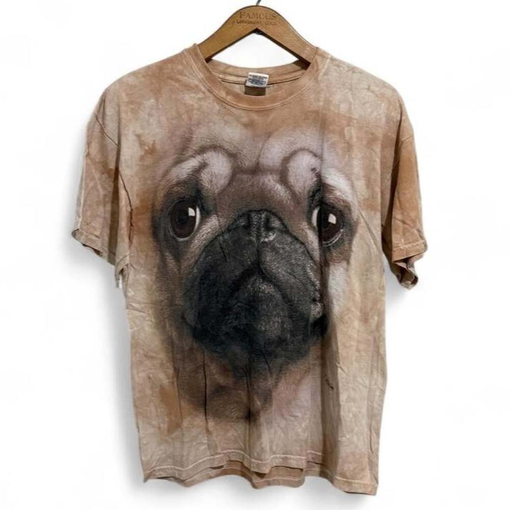 Gildan Pug Dog Face Graphic T-Shirt Size L Brown Tie-Dye Heavy Cotton